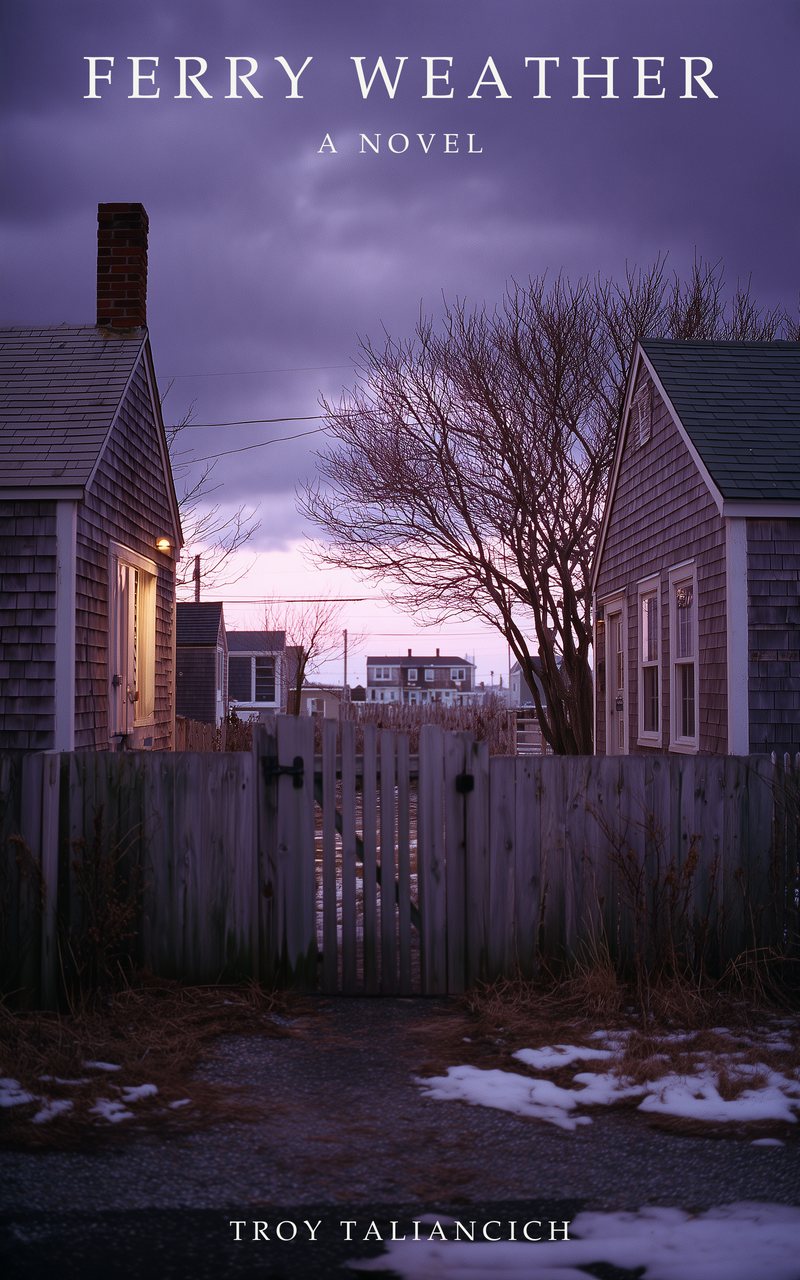 The cover of Ferry Weather: two shingled cottages at dusk, a cedar fence and a shut gate between them, one kitchen window lit.